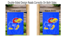 Load image into Gallery viewer, university of Kansas garden flag hanging on mailbox flag pole