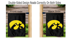 Load image into Gallery viewer, black university of Iowa garden flag hanging on mailbox flagpole