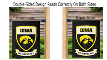 Load image into Gallery viewer, double sided iowa hawkeyes garden flag with shield logo and go hawkeyes hanging on mailbox flagpole displayed from both sides