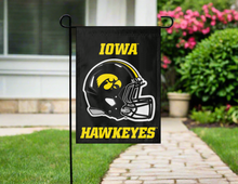 Load image into Gallery viewer, Iowa hawkeyes football logo garden flag outside on garden flag stand