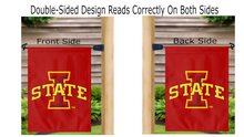 Load image into Gallery viewer, double-sided Iowa state university garden flag hanging on mailbox flagpole
