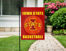 Load image into Gallery viewer, iowa state basketball double sided garden flag hung outside
