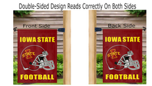 Load image into Gallery viewer, Double-sided Iowa State football garden flag displayed correctly on both sides from a mailbox flagpole