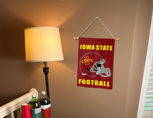 Load image into Gallery viewer, iowa state football garden flag hung on a banner pole next to a lamp and drinks