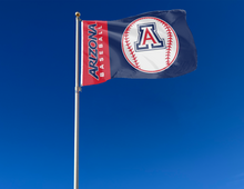 Load image into Gallery viewer, blue and red 3x5 Arizona Baseball Flag with two metal grommets attached to flagpole waving in the wind