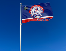 Load image into Gallery viewer, blue and red Arizona Baseball College World Series 2025 Flag attached to flagpole waving in the wind