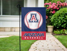 Load image into Gallery viewer, blue and red arizona baseball garden flag hung outside from garden flag stand