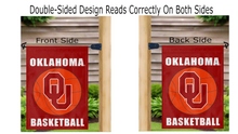 Load image into Gallery viewer, red oklahoma basketball garden flag displayed correctly on both sides hung from a mailbox flagpole