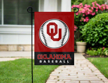 Load image into Gallery viewer, red and black oklahoma baseball garden flag hung on garden flag stand outside