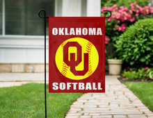 Load image into Gallery viewer, red oklahoma softball garden flag hung from garden flag stand outside