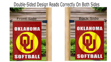 Load image into Gallery viewer, red oklahoma softball garden flag hung from mailbox flagpole displayed correctly on both sides