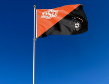 Load image into Gallery viewer, 3x5 Oklahoma State Flag with House Divided Style OSU and Pistol Pete Logo attached to flagpole waving in the wind