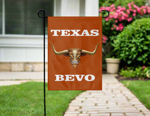 Load image into Gallery viewer, orange university of texas garden flag with bevo mascot logo hanging outside on garden flag stand