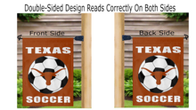Load image into Gallery viewer, texas longhorns soccer garden flag displayed from both sides on a mailbox flagpole
