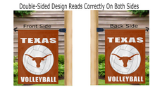 Load image into Gallery viewer, double sided texas volleyball garden flag displayed from both sides hanging from a mailbox flagpole