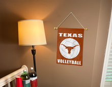 Load image into Gallery viewer, texas longhorns volleyball garden flag hanging on a banner pole next to a lamp and drinks