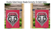 Load image into Gallery viewer, red university of new mexico lobos garden flag hanging on mailbox flag pole