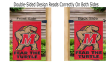 Load image into Gallery viewer, university of maryland garden flag with fear the turtle logo hanging on mailbox flagpole displayed from both sides