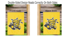 Load image into Gallery viewer, gold wichita state university garden flag hanging on mailbox flagpole displayed from both sides