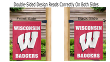 Load image into Gallery viewer, red university of wisconsin garden flag hanging on mailbox flagpole displayed from both sides