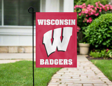 Load image into Gallery viewer, red university of wisconsin garden flag hung outside from garden flag stand