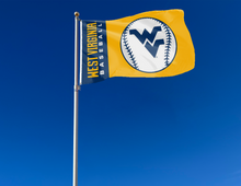 Load image into Gallery viewer, Gold and Blue 3x5 West Virginia Baseball Flag with two metal grommets attached to flagpole waving in the wind