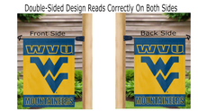 Load image into Gallery viewer, west virginia university garden flag hanging on mailbox flagpole displayed from both sides