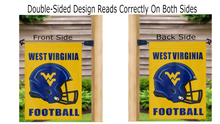Load image into Gallery viewer, two sides of a west virginia football garden flag displayed from both sides while hanging on mailbox flagpole