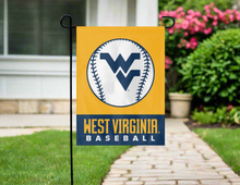 Load image into Gallery viewer, gold and blue west virginia baseball garden flag hung outside from garden flag stand