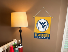 Load image into Gallery viewer, gold and blue west virginia baseball garden flag hanging on banner pole inside living room