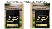 Load image into Gallery viewer, two sides of a purdue university garden flag reading correctly on mailbox flagpole