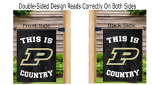 Load image into Gallery viewer, two sides of a purdue garden flag with country logo reading correctly on a mailbox flagpole