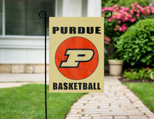 Load image into Gallery viewer, gold purdue basketball garden flag hanging on garden flag stand