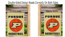 Load image into Gallery viewer, two sides of a purdue basketball garden flag reading correctly on a mailbox flagpole