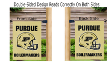 Load image into Gallery viewer, two sides of a purdue football garden flag reading correctly on a mailbox flagpole