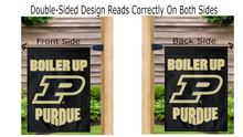 Load image into Gallery viewer, purdue garden flag with boiler up logo reading correctly on both sides on a mailbox flagpole