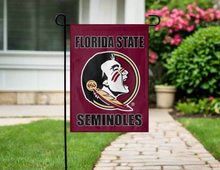 Load image into Gallery viewer, florida state university garden flag hung on garden flag stand outside