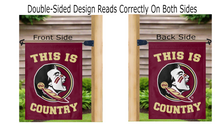 Load image into Gallery viewer, fsu garden flag with this is country logo displayed from both sides on a mailbox flagpole
