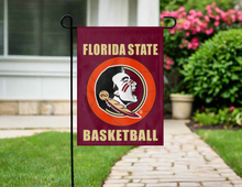 Load image into Gallery viewer, florida state basketball garden flag hanging on a garden flag stand