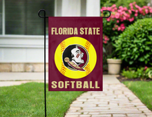 Load image into Gallery viewer, florida state fsu softball garden flag hung on garden flag stand outside