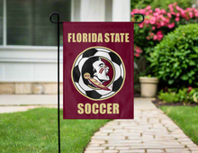 Load image into Gallery viewer, Florida state FSU Soccer garden flag hanging on garden flag stand outside