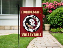 Load image into Gallery viewer, florida state volleyball garden flag hanging on garden flag stand outside