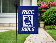 Load image into Gallery viewer, blue rice university garden flag hung outside from garden flag stand
