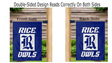 Load image into Gallery viewer, blue rice university garden flag hanging on mailbox flagpole displayed from both sides