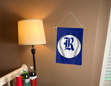Load image into Gallery viewer, rice baseball garden flag hanging on banner pole indoors next to a lamp and drinks