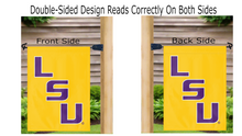 Load image into Gallery viewer, gold LSU Garden flag hanging on mailbox flagpole displayed from both sides