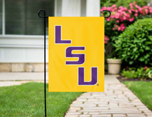 Load image into Gallery viewer, gold lsu garden flag hung outside from garden flag stand