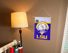 Load image into Gallery viewer, LSU Baseball College World Series 2025 Garden Flag hanging on banner pole inside living room