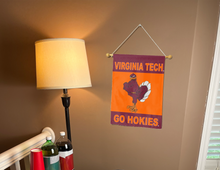 Load image into Gallery viewer, virginia tech university garden flag with go hokies logo hanging on banner pole inside living room