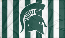Load image into Gallery viewer, 3x5 Michigan State Flag with Spartan Logo and Candy Striped Green and White Background